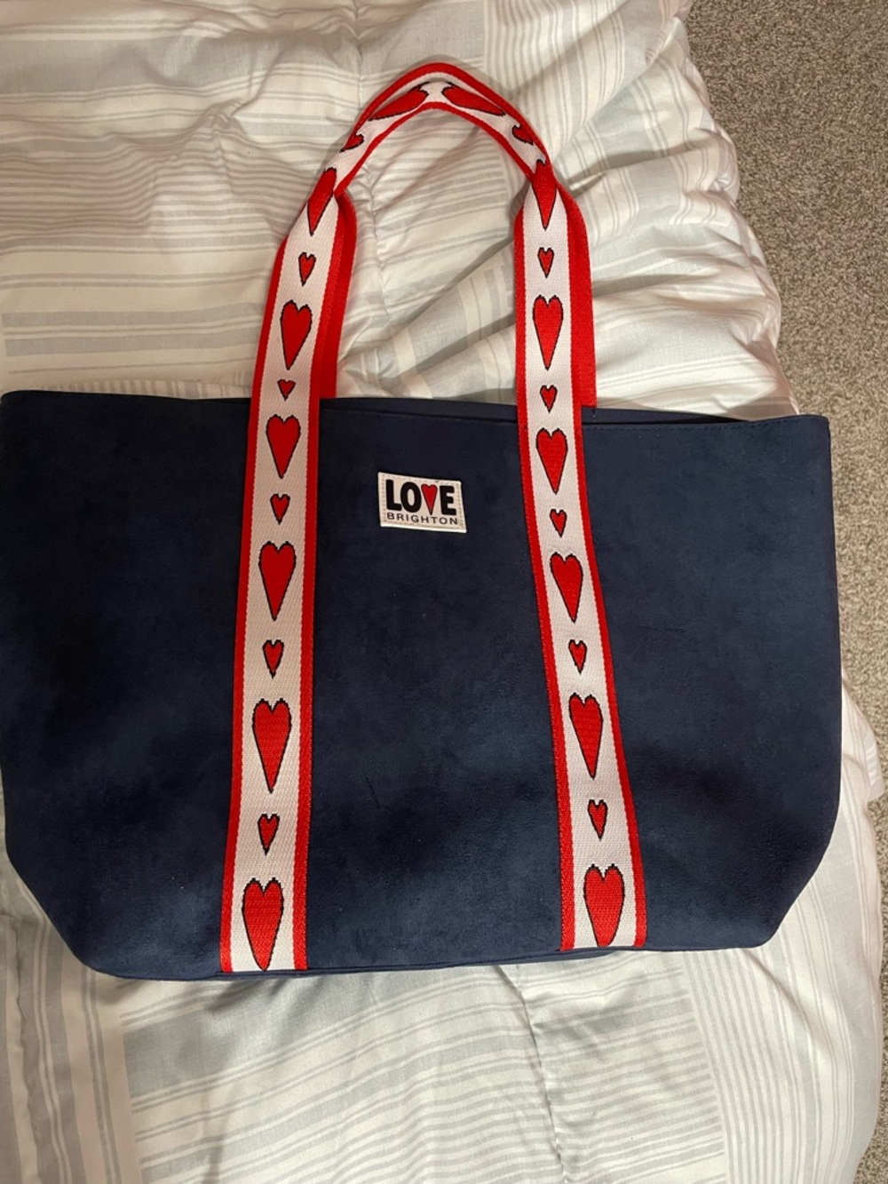 Brighton Navy Tote with Red and White Heart Straps